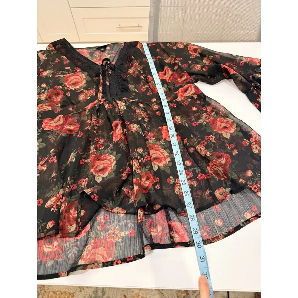 Torrid Top Blouse Black Sheer Red Rose Babydoll Chiffon Floral Plus Size 2 2X